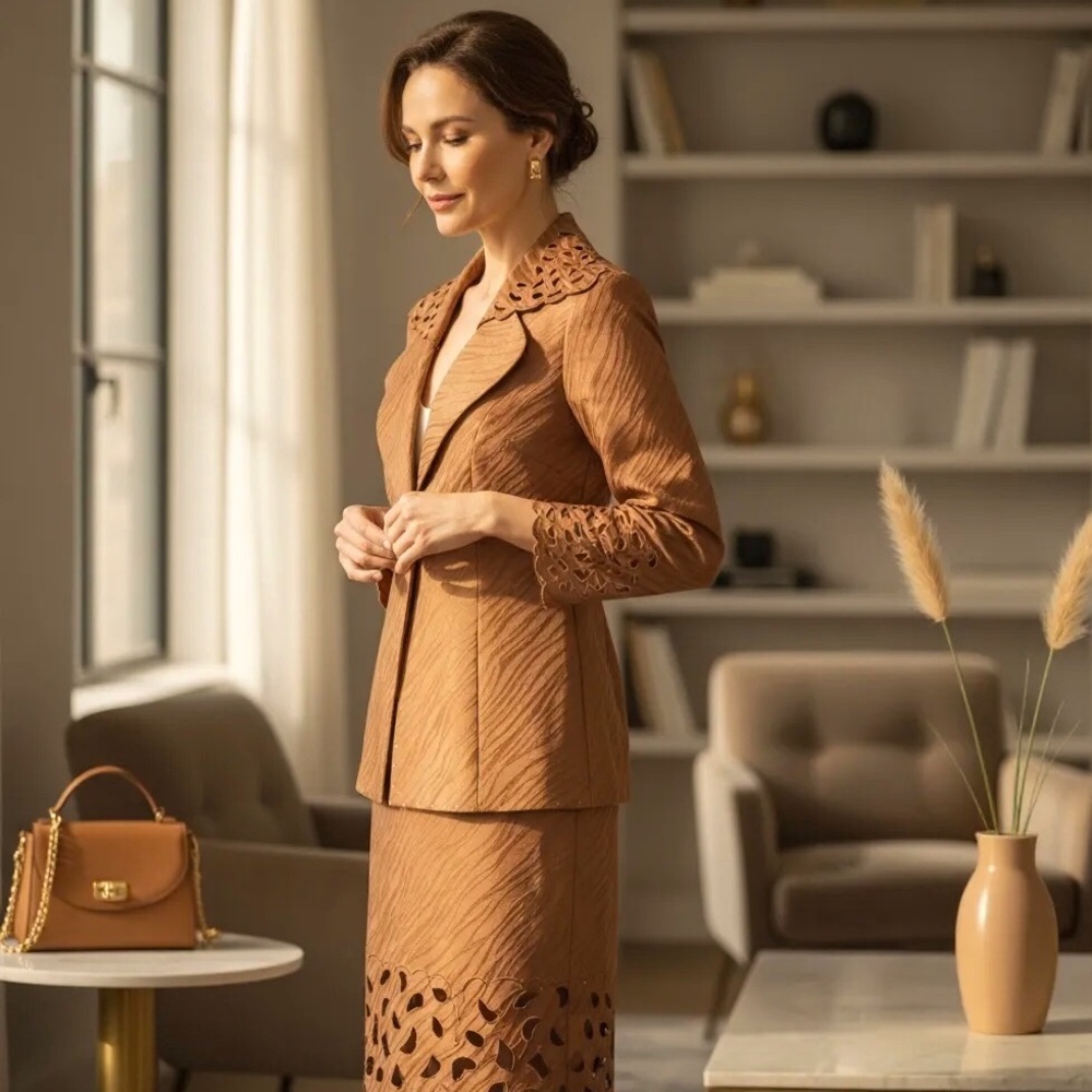 Embellished Animal Print Faux Suede Laser Cut Blazer & Skirt Matching Set